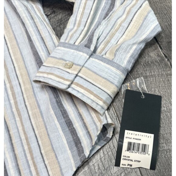 Relativity Shirt Womens Petite PM Blue Striped Pearl Button Up Stretch‎ Y2K NEW - Picture 4 of 8